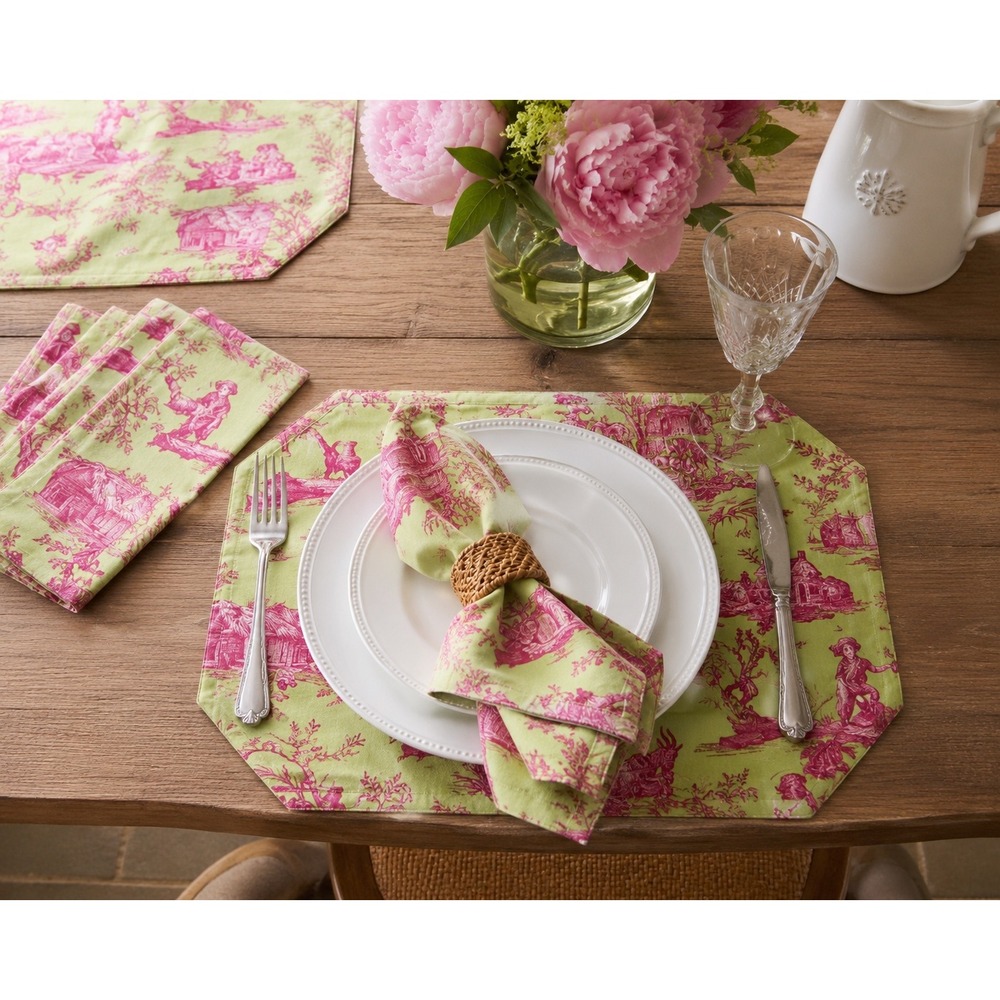 Williams Sonoma Toile Placemats & Napkins Set 8 Pc Green Pink Cotton Table Linen